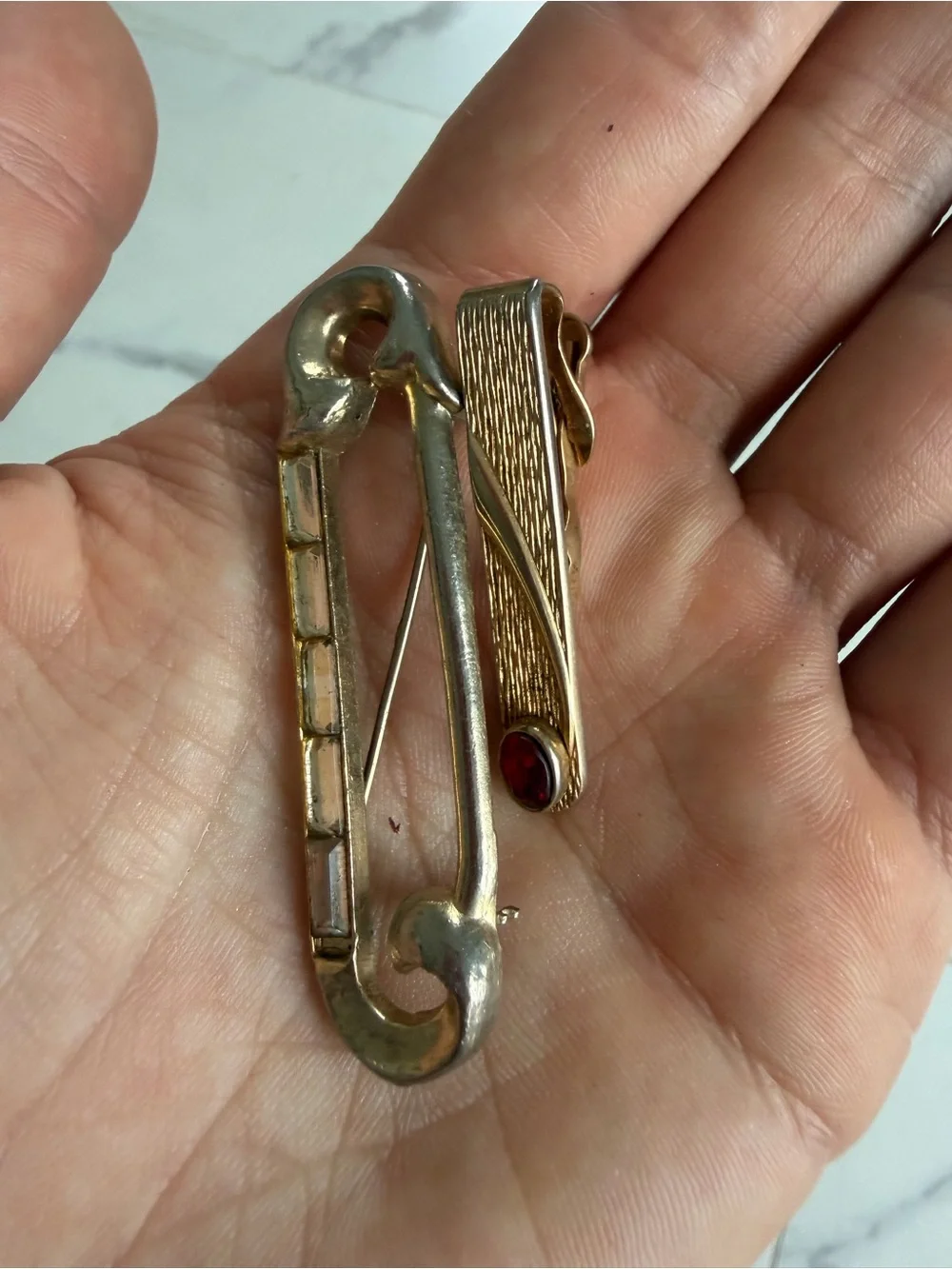 Vintage Gold-Tone Safety Pin and Clip Jewelry Set with Red Accent